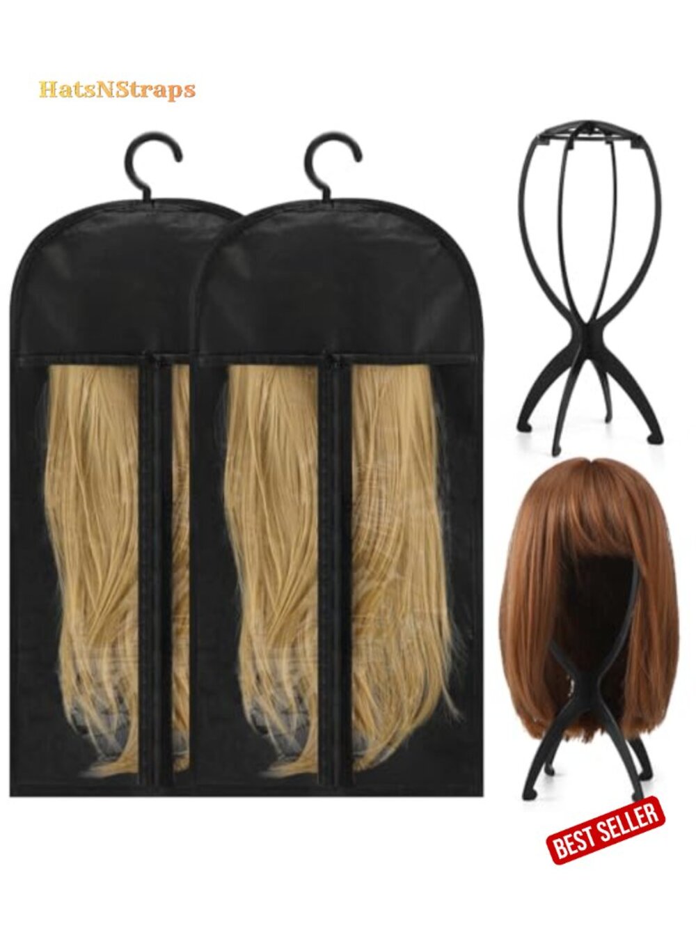 2-Piece Wig Storage Bag Set with Stands, Foldable Display Head for Travel Salon